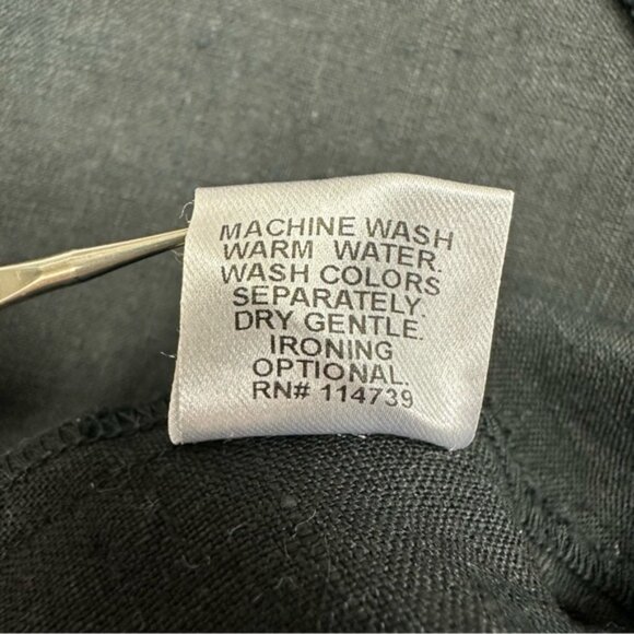 FLAX solid black linen round neck short cap sleeve top Medium minimalist - Picture 6 of 10